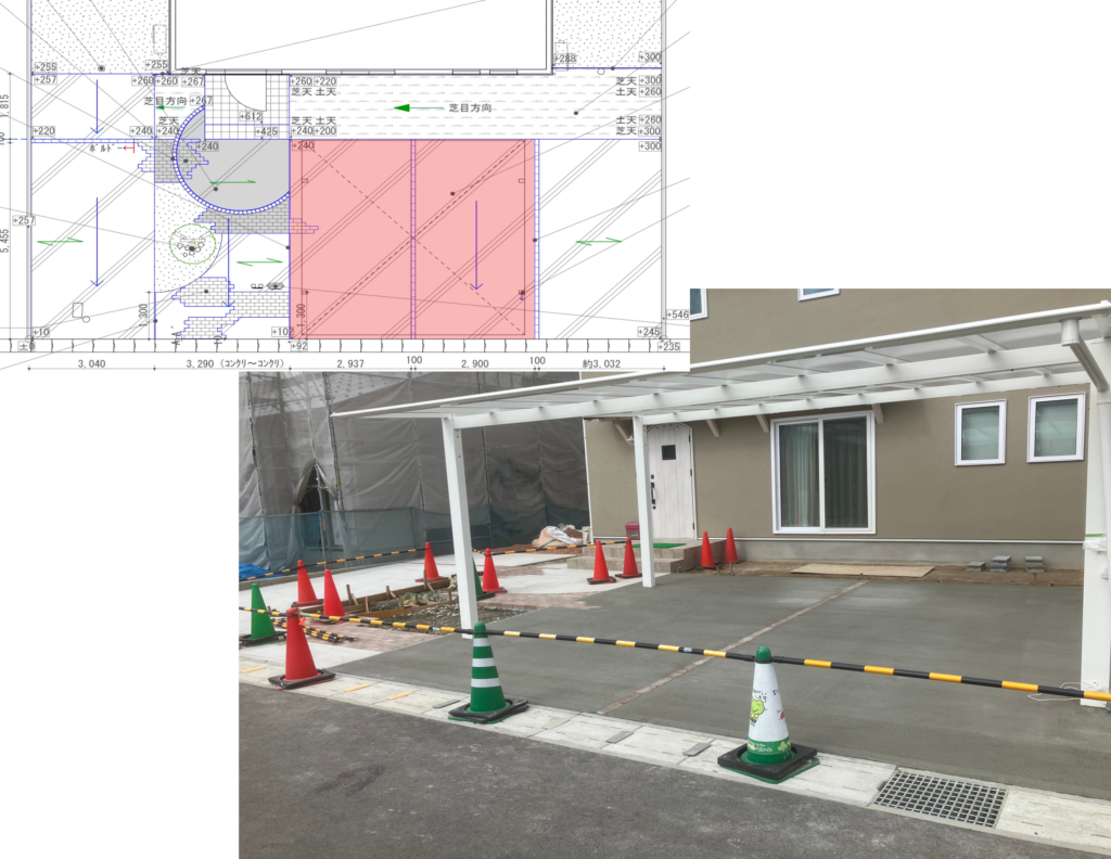 江津市 外構工事 カーポート設置工事中の施工図と現場写真